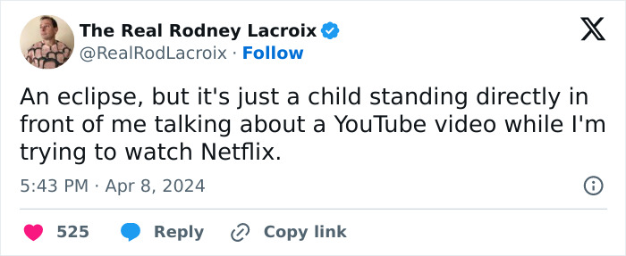 Tweet from The Real Rodney Lacroix humorously describing a child blocking Netflix to talk about a YouTube video, relatable for dads.