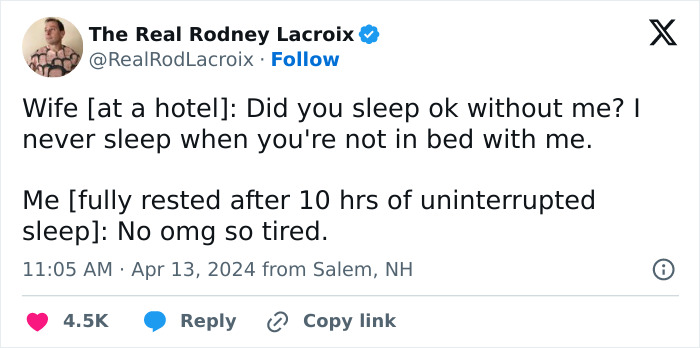 Tweet humor about dad and husband experiences with sleep and marriage, showing relatable and funny moments.