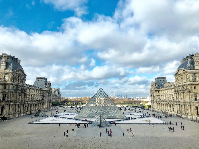 Louvre Museum courtyard with glass pyramids and visitors under a bright sky, highlighting best countries to raise a family.