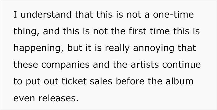 Text excerpt discussing fan frustration over early ticket sales for Harry Styles new tour before album release.
