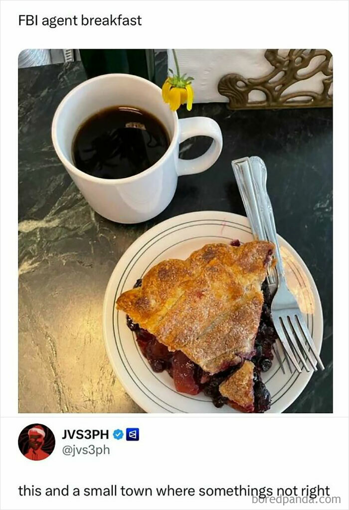 Slice of fruit pie on a plate with fork and a white mug of black coffee, a funny internet post enhancing scrolling enjoyment.