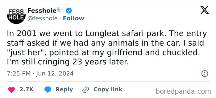 Tweet describing an embarrassing situation at a safari park that only became funny way later, shared on social media.