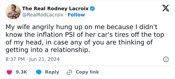 Tweet by The Real Rodney Lacroix humorously describing a relatable husband moment about not knowing his wife’s tire PSI.