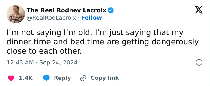 Tweet by The Real Rodney Lacroix humorously describing dinner and bed time getting dangerously close, relatable for dads and husbands.