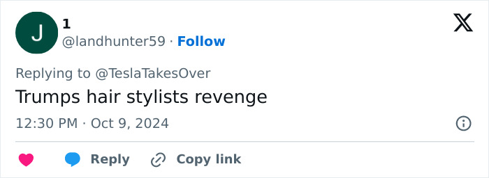 Tweet text saying Trumps hair stylists revenge in a simple white and blue social media interface with user handle and timestamp.