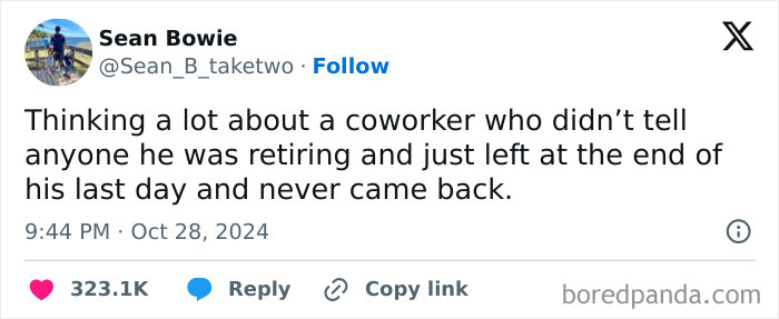 Older man holding box looking thoughtful beside a funny screenshot about a coworker quietly retiring from work.