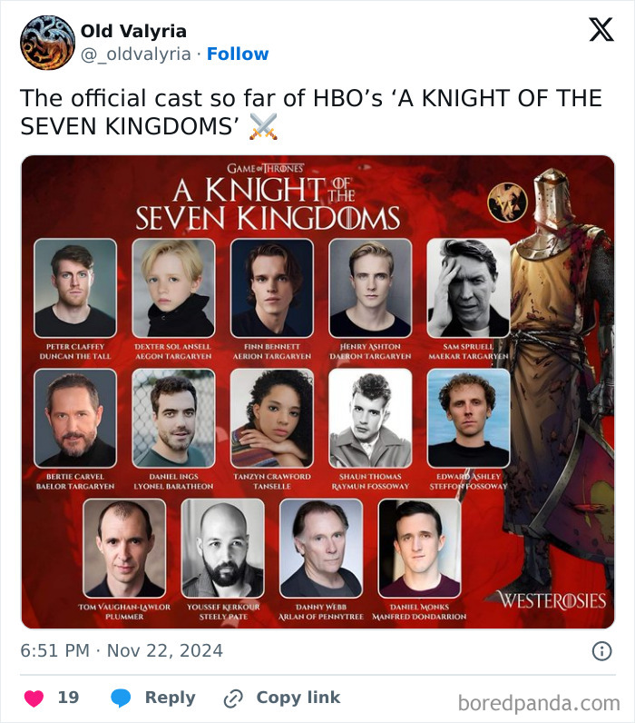 Cast members of A Knight of the Seven Kingdoms from HBO shown in a promotional graphic ahead of season 1 release.
