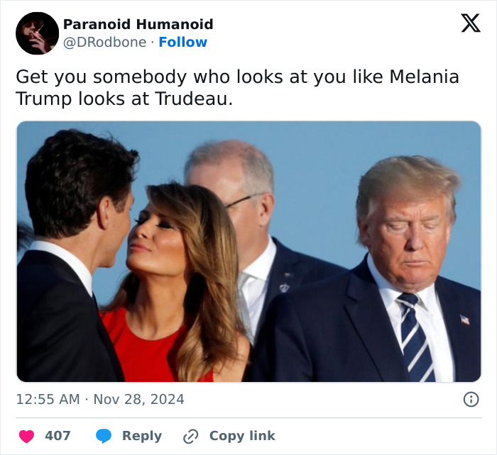 Melania Trump looking at Justin Trudeau while Donald Trump stands nearby, sparking Barron Trump paternity theories. Melania Trump looking at Justin Trudeau while Donald Trump stands nearby, sparking Barron Trump paternity theories.