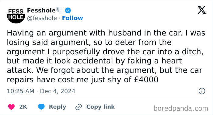 Tweet describing a funny story about an embarrassing situation involving a car accident and a faked heart attack.