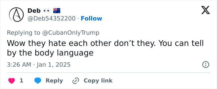 Tweet screenshot showing a user commenting on Melania Trump's body language sparking theories at Mar-a-Lago New Year's Eve bash.