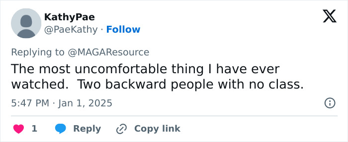 Screenshot of a tweet criticizing body language at Mar-a-Lago New Year's Eve event, prompting theories and reactions.