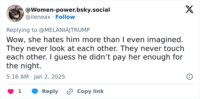 Screenshot of a social media comment discussing Melania Trump's body language at Mar-a-Lago New Year's Eve event sparking theories.