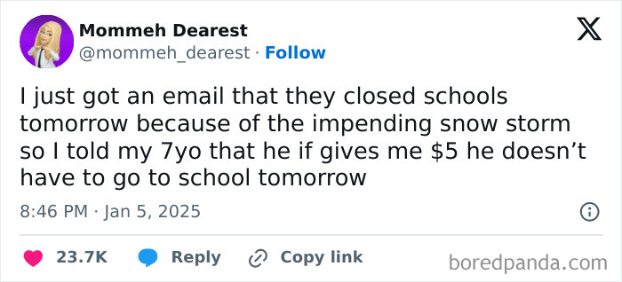 Tweet showing unintentionally comedic moments of parenting about paying a child to skip school during a snowstorm.