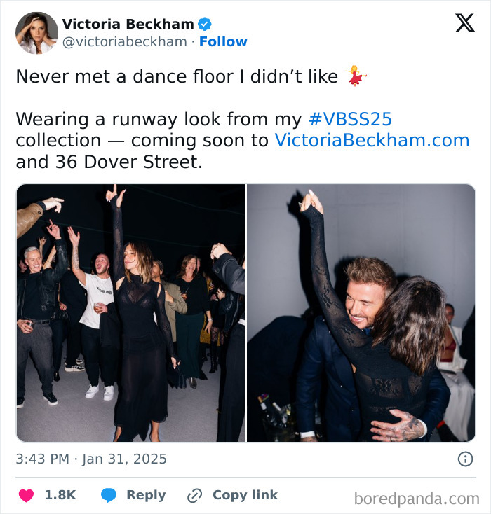Victoria Beckham dancing and embracing guests, showcasing a runway look from her VBSS25 collection.