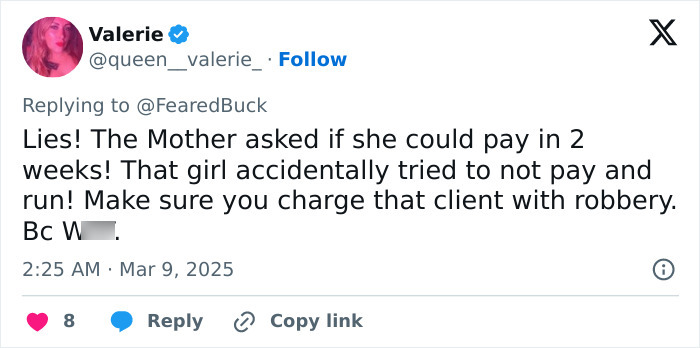 Tweet from user Valerie disputing claims, discussing a Maryland hairstylist and teen client incident in a viral salon video.