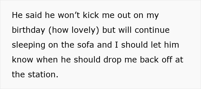 Text post with a woman's message about her boyfriend sleeping on the sofa and plans for a drop-off at the station.