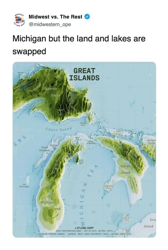 Map showing a humorous swap of land and lakes in Michigan, highlighting Midwest life and regional geography.