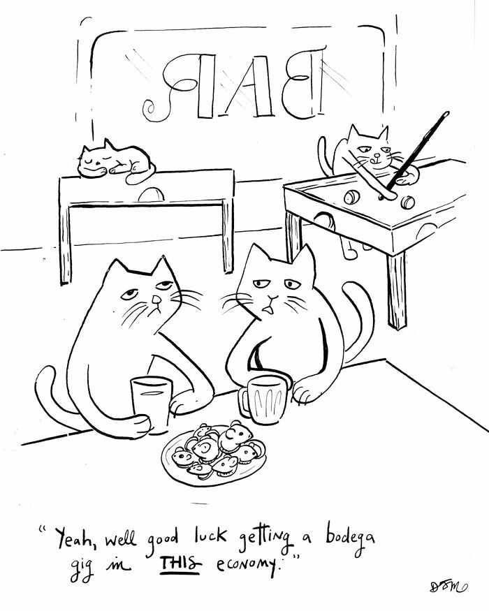 Cartoon cats in a bar with drinks and cookies, showcasing humor in modern life by Dana Jeri Maier comics.