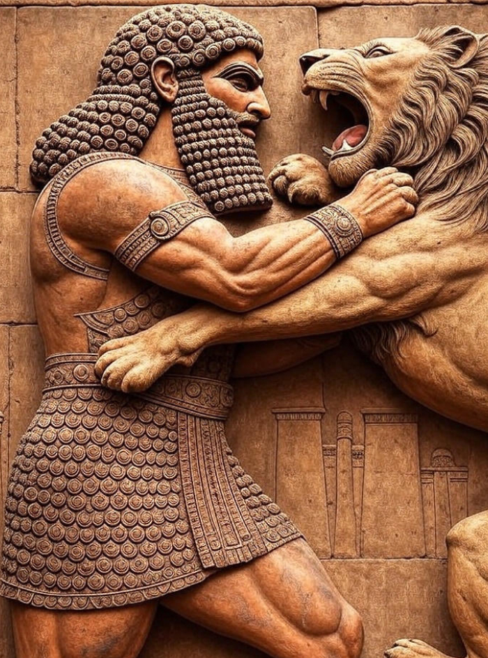 Bas-relief sculpture of an ancient warrior wrestling a lion, representing history of the oldest countries in the world.