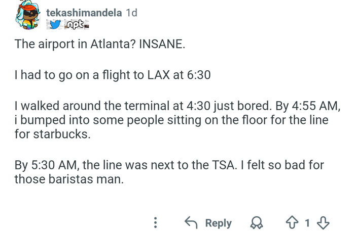 Social media post describing long early morning lines at airport Starbucks and sympathy for airport baristas.