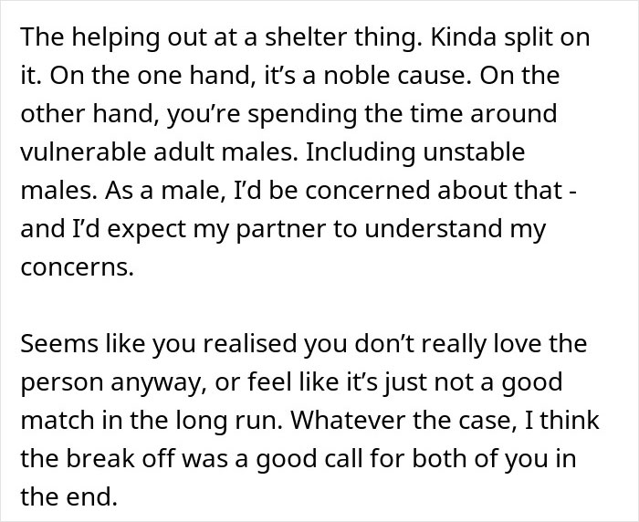 Screenshot of black-on-white comment text discussing relationship concerns and red flags after breakup