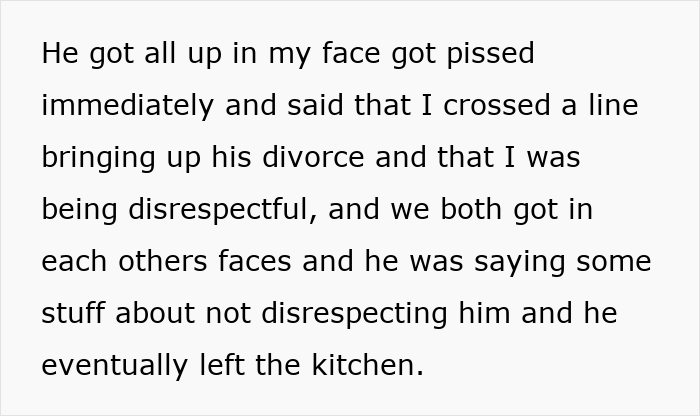 Text excerpt describing conflict between bald and divorced man and nephew over long hair and cooking for girlfriend, leading to argument.