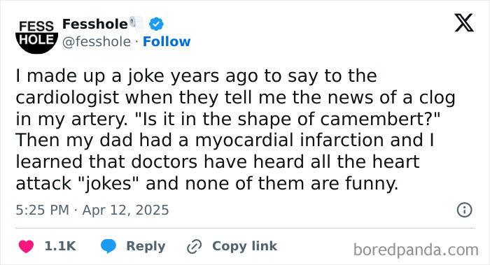 Tweet about an embarrassing situation made funny later involving heart attack jokes and a cardiologist visit.