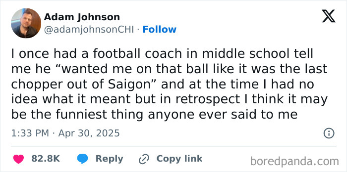 Tweet text about a funny embarrassing moment shared later, illustrating embarrassing situations becoming funny over time.