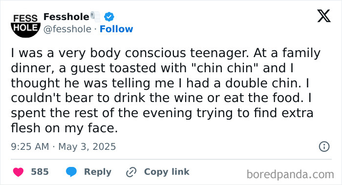Tweet sharing an embarrassing situation that only became funny later involving a misunderstanding about a double chin.