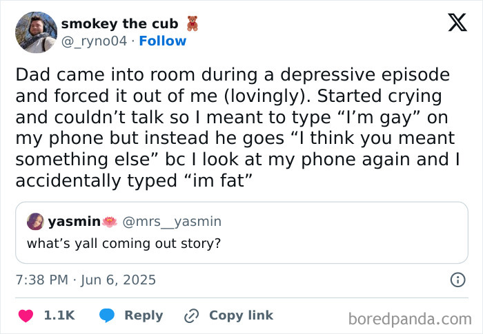 Tweet showing an embarrassing typing mistake during an emotional moment, highlighting relatable embarrassing situations made funny later.