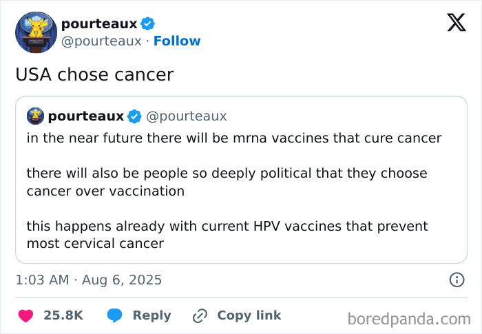 Tweet screenshot saying USA chose cancer and inner text on mRNA vaccines curing cancer and HPV prevention, aged like wine