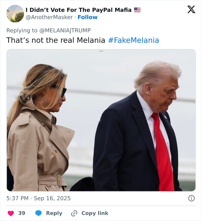 Melania Trump wearing sunglasses and a trench coat showing body language with Donald Trump by her side outdoors.
