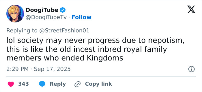 Tweet from DoogiTube discussing nepotism and society, referenced in context of Black Brooklyn Beckham and Jaden Smith's Louboutin collection. Tweet from DoogiTube discussing nepotism and society, referenced in context of Black Brooklyn Beckham and Jaden Smith's Louboutin collection.