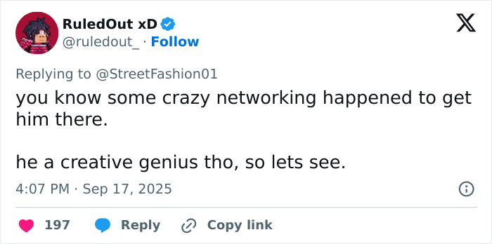 Tweet from RuledOut xD replying about Jaden Smith’s creative debut in Christian Louboutin collection amid internet roasts. Tweet from RuledOut xD replying about Jaden Smith’s creative debut in Christian Louboutin collection amid internet roasts.