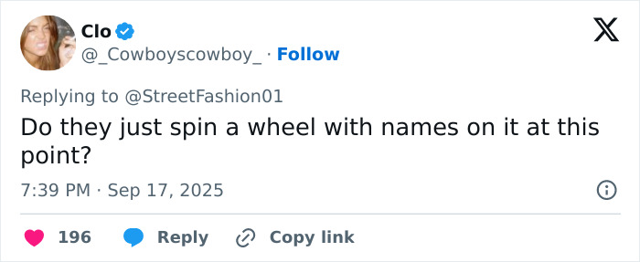 Tweet from user Clo replying to StreetFashion01 questioning name choices in Christian Louboutin collection debate. Tweet from user Clo replying to StreetFashion01 questioning name choices in Christian Louboutin collection debate.