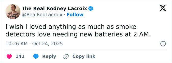 Screenshot of a humorous tweet about smoke detector batteries, relatable for dads and husbands sharing funny posts.