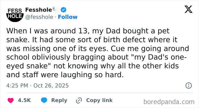 Tweet about a boy unknowingly bragging about his dad’s one-eyed pet snake, highlighting funny embarrassing situations later realized.