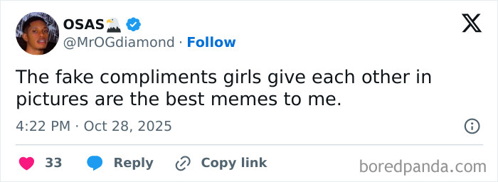 Tweet screenshot of a user sharing a dark humor meme about fake compliments girls give each other in pictures.