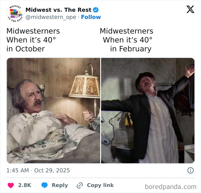 Midwesterners reacting to 40 degrees in October versus February, highlighting spot-on memes about Midwest life and corn cravings.