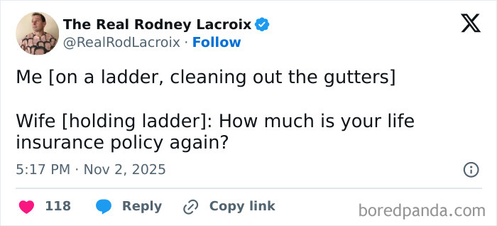 Tweet showing a dad humorously sharing a relatable moment about cleaning gutters and life insurance, appealing to dads and husbands.
