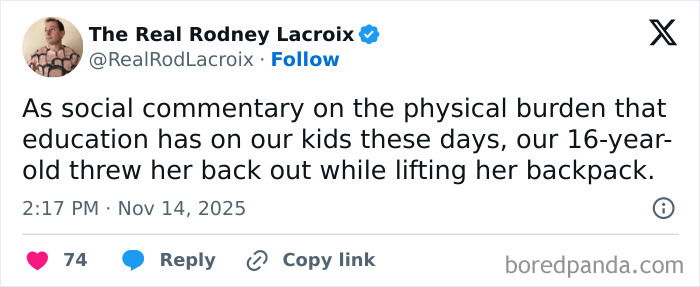 Tweet by a man humorously sharing a relatable story about his teenager’s backpack injury, reflecting dad and husband struggles.