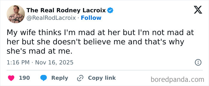 Tweet about a husband explaining his wife thinks he is mad at her, relatable for dads and husbands.