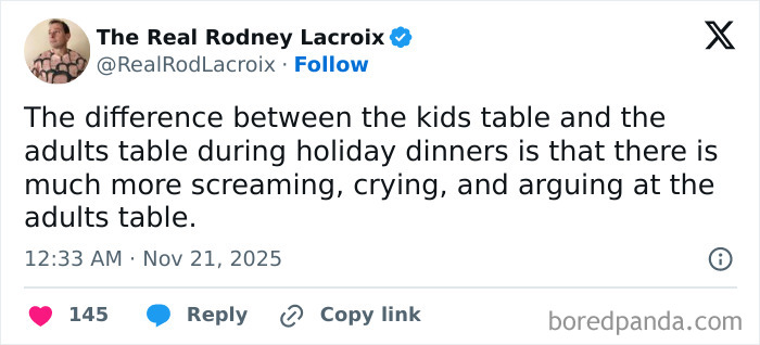 Tweet about holiday dinner chaos with screaming, crying, and arguing at the adults table, relatable for dads and husbands.
