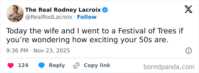 Tweet by a man humorously sharing a relatable moment about excitement in your 50s, appealing to dads and husbands.