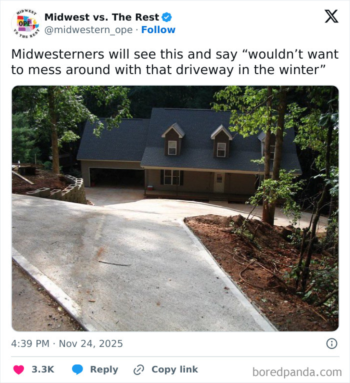 Steep driveway at a rural house, highlighting Midwest life challenges with winter and seasonal weather conditions.