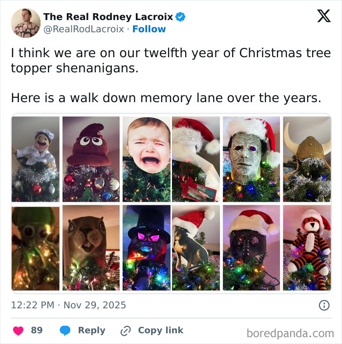 Twitter post showing humorous and creative Christmas tree toppers dads and husbands might find painfully relatable.