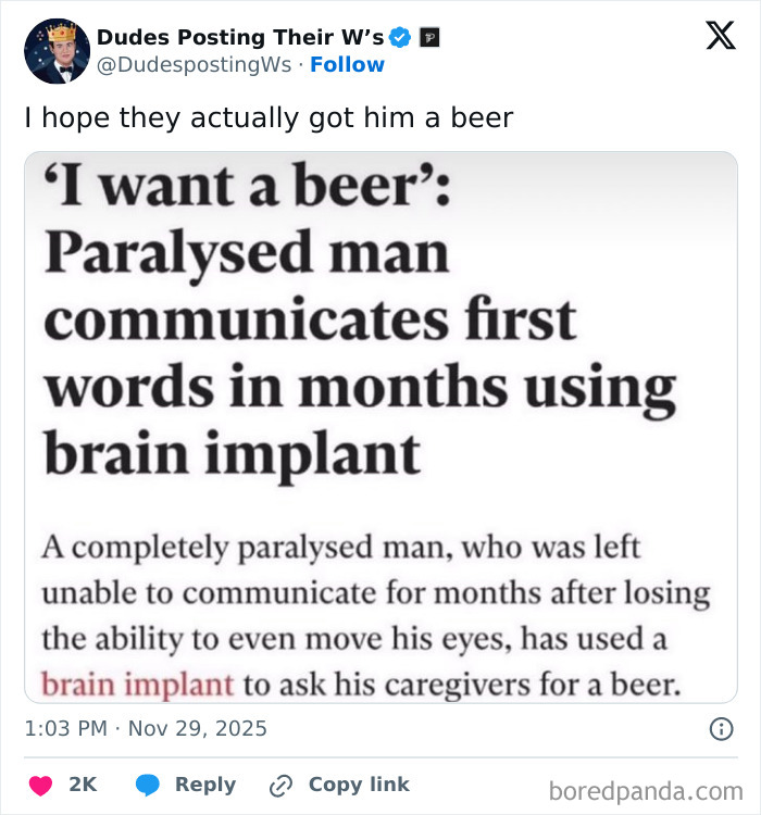 Paralysed man uses brain implant to communicate first words in months in wild incidents that made headlines.