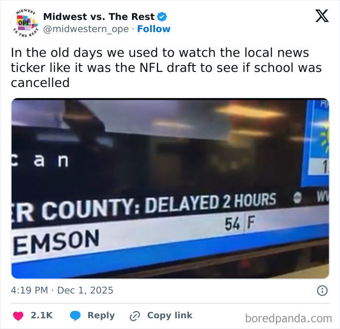 Screenshot of a Midwest life meme showing a local news ticker with school delay updates, capturing Midwest life humor.