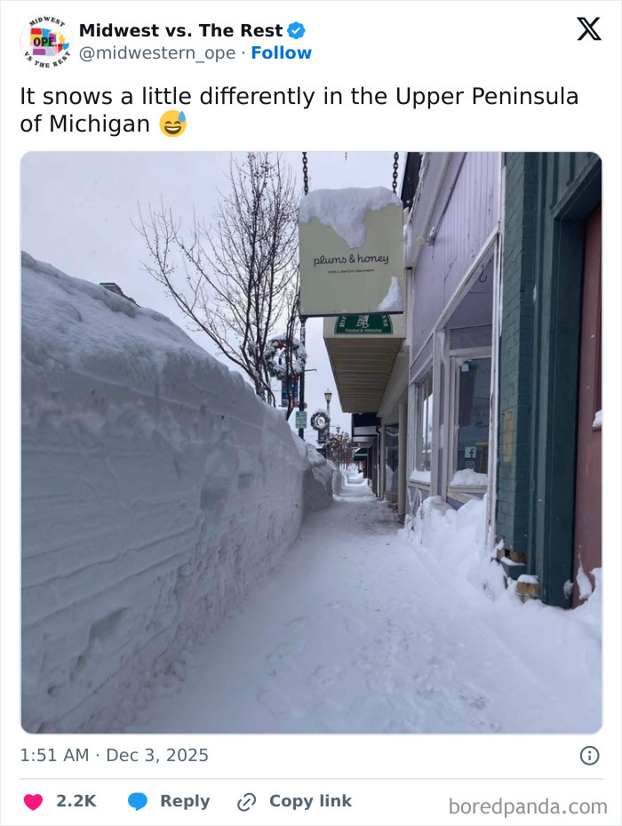 Sidewalk buried in snow in Michigan Upper Peninsula, showcasing Midwest life and large snow accumulation layers.