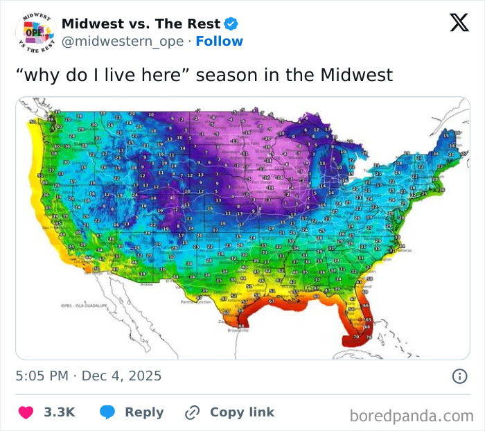 US temperature map highlighting the cold Midwest region during winter, capturing Midwest life in cold weather.